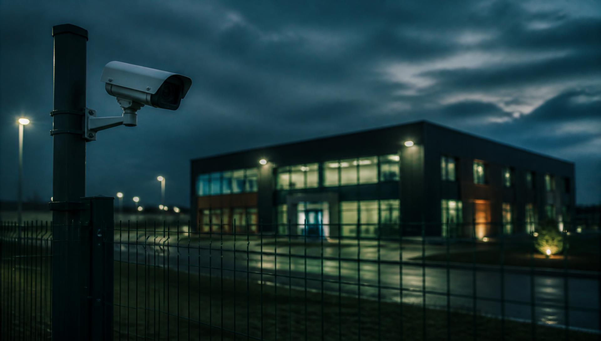 CCTV camera monitoring a secured commercial perimeter at dusk